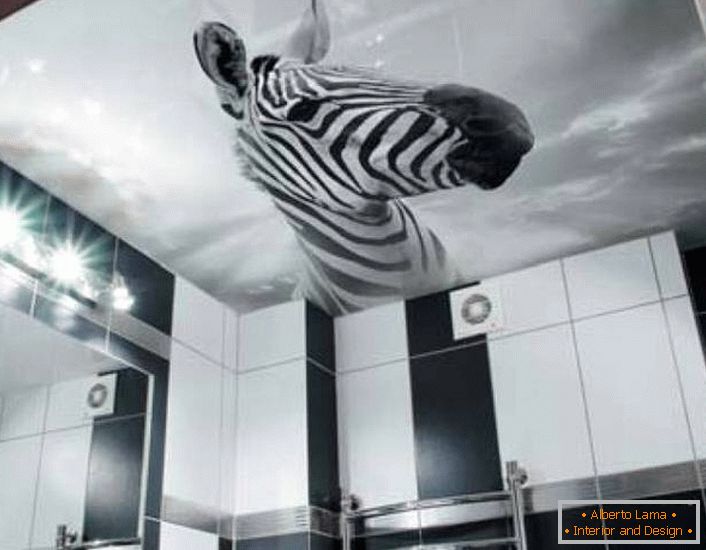 Nenavadno rešitev za dekoriranje črno-bele kopalnice je podoba zebre na stropnih stropih s tiskanjem fotografij.