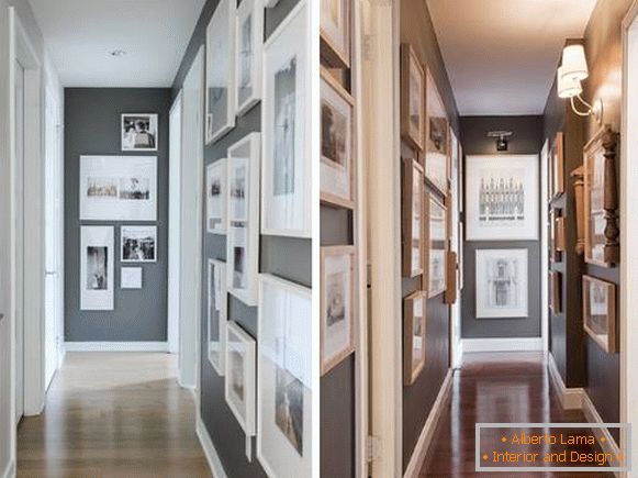 Oblikovanje ozkega hodnika v stanovanju s fotografijami in slikami na stenah