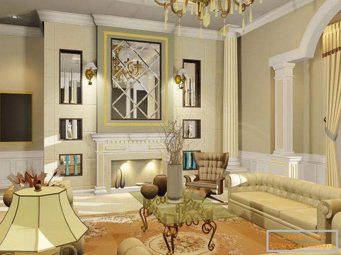Notranja zasnova dnevne sobe v zasebni hiši v klasičnem slogu