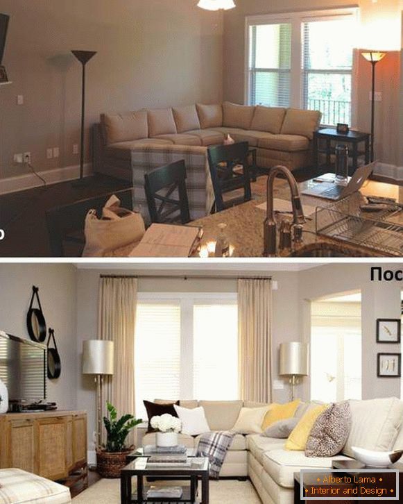 Različice ureditve pohištva v salonu na fotografiji pred in po