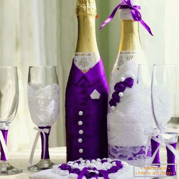 Dekoracija steklenic šampanjca za poroko - nevesta in ženina