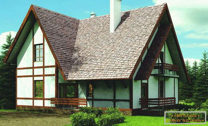 Fasada stavbe hiše je okrašena v skladu z zahtevami skandinavskega stila. Kontrastiranje lesenih del postane pomembna značilnost sloga. 