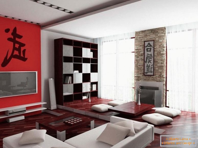 Prostorna dnevna soba z rdečimi in belimi barvami