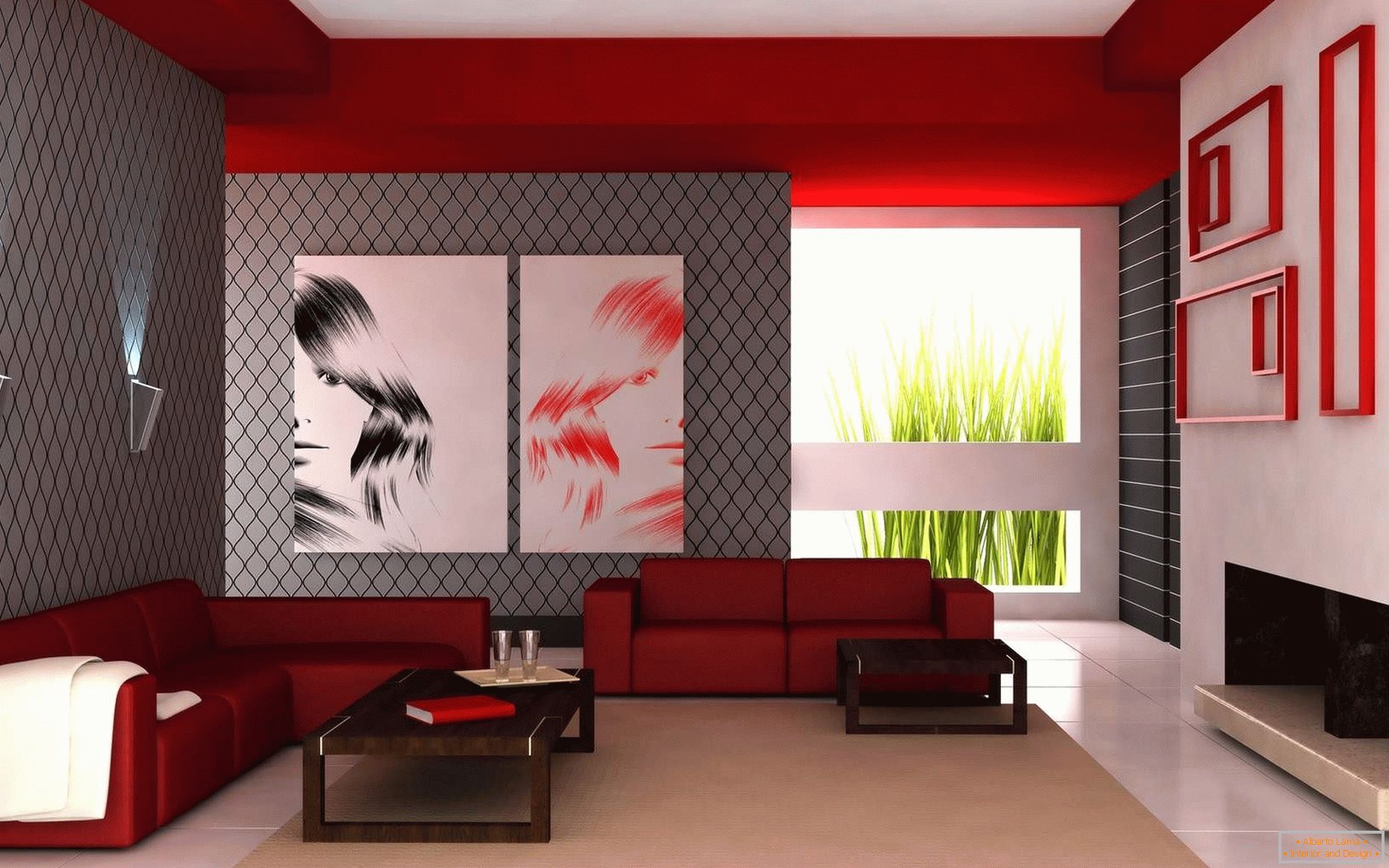 Kombinacija bele, rdeče in sive barve v dnevni sobi