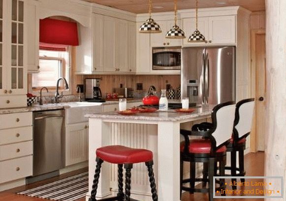 Svetla kuhinja notranjost v slogu države - fotografije v črno-beli in rdeči barvi