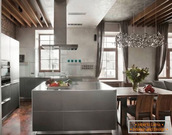 Notranjost kuhinje v slogu podstrešja - fotografije v sivi in ​​rjavi barvi