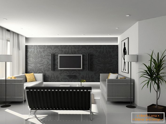 Pri zasnovi sob za goste v hi-tech slogu uporabljajo pretežno stroge geometrijske oblike in odtenke sive barve.
