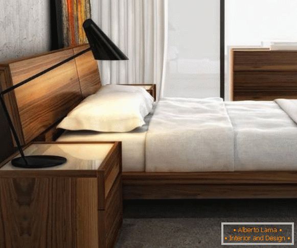 Модная кровать для спальнin inз дерева - фото в inнтерьере