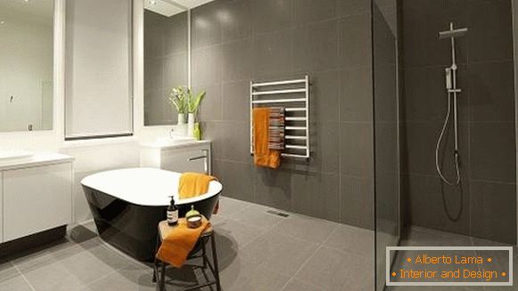 Zasnova kopalnice v sivem in minimalnem slogu