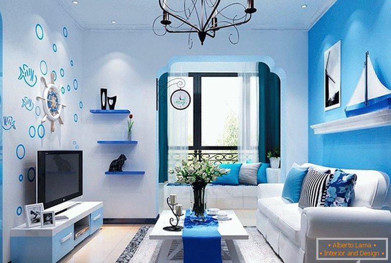 Dnevna soba z modro notranjostjo