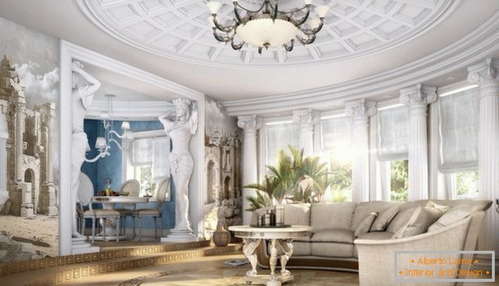 Prostorna neoklasična dnevna soba z ustrezno izbranim pohištvom. Nenavadna klasika v sodobni izvedbi.