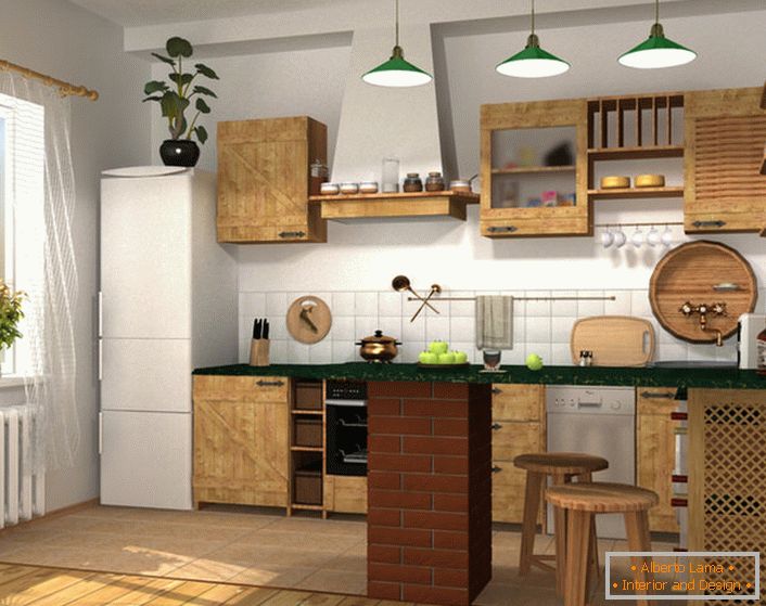 Projektni projekt za majhno kuhinjo v mestnem stanovanju ali zasebni hiši. 