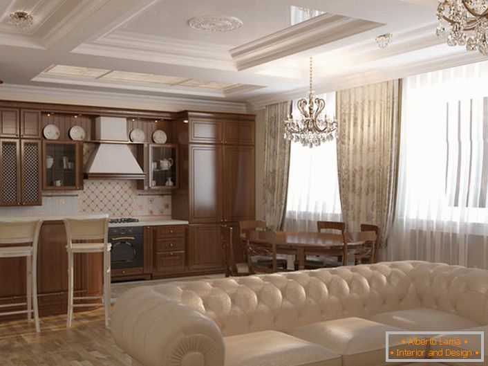 Kuhinja-dnevna soba je urejena v slogu Art Nouveau. Svetle barve, pohištvo iz naravnega lesa, masivni stropni lestenci iz kristala se ujemajo v skladu s slogom.