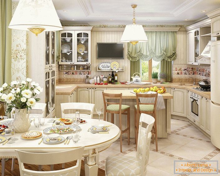 Kuhinja, organizirana v slogu države, je združena z dnevno sobo. Zaradi pravilne razporeditve svetlobnih in dekorativnih akcentov je prostor privlačen in rafiniran.