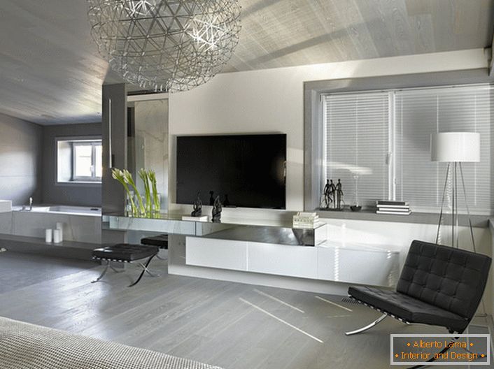 Značilnost minimalističnega sloga je uporaba enobarvnega materiala za oblazinjenje pohištva in kovinskih kromiranih elementov.