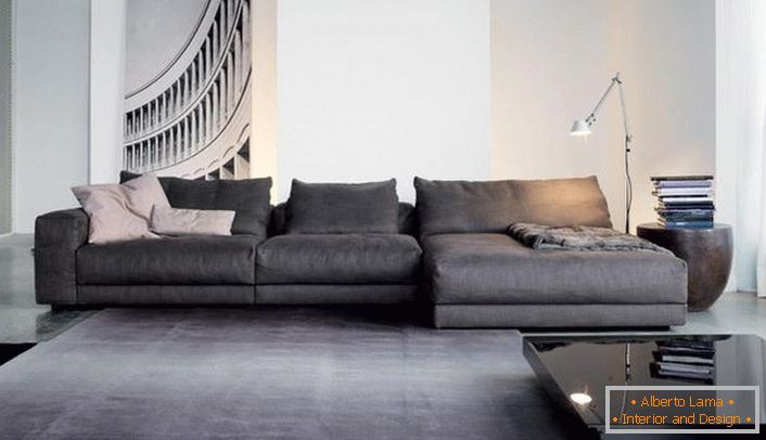 Udobna modularna zofa za notranjost dnevne sobe v slogu minimalizma. Vreča modularni modeli gladi strogost prostorne dnevne sobe.