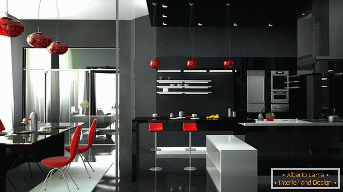 Elegantna studio soba z originalno visokotehnološko pohištvo. Rdeča barva vedno gleda na črno-belo ozadje notranjosti.