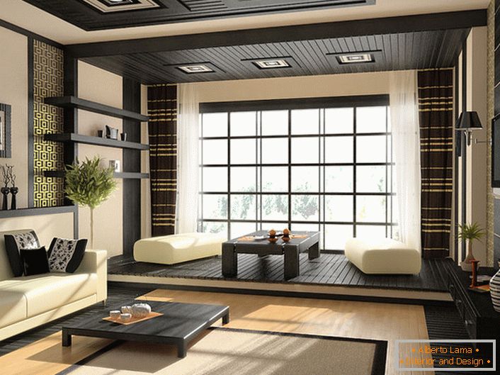 Vzhodna barva privlači svojo milost. Dnevna soba v veliki hiši je urejena v slogu japonskega minimalizma. 