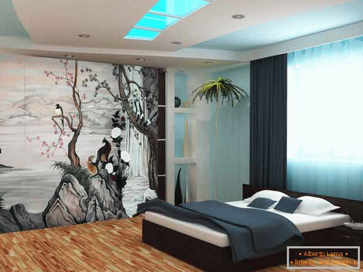 Za okrasitev sten spalnice v slogu japonskega minimalizma je bila uporabljena ozadje s fotografskim tiskanjem. Tematska risba naredi kompozicijo izvirno in popolno.