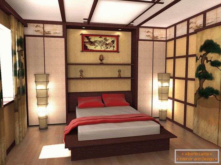 Projektni načrt spalnice v slogu japonskega minimalizma je delo diplomanta moskovske univerze. Pristojna kombinacija vseh podrobnosti kompozicije naredi spalnico elegantno in orientalsko v prefinjenosti.