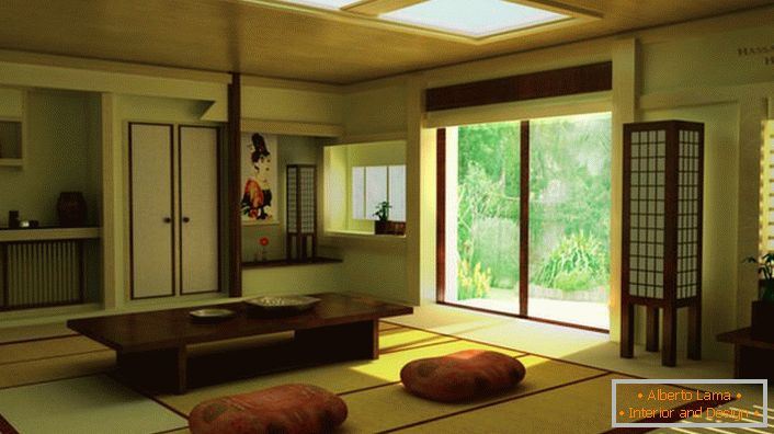 O prisotnosti japonskega minimalizma v dnevni sobi v državi hiše pripoveduje pravo pohištvo. Nizka miza je idealna za domače čajno pijačo. 