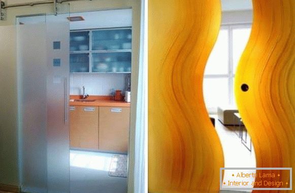 Steklena drsna vrata v kuhinjo - oblikovne možnosti in fotografije