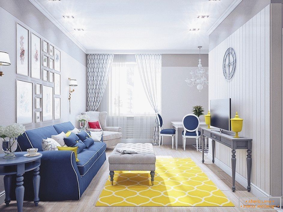 Siva dnevna soba z rumeno preprogo