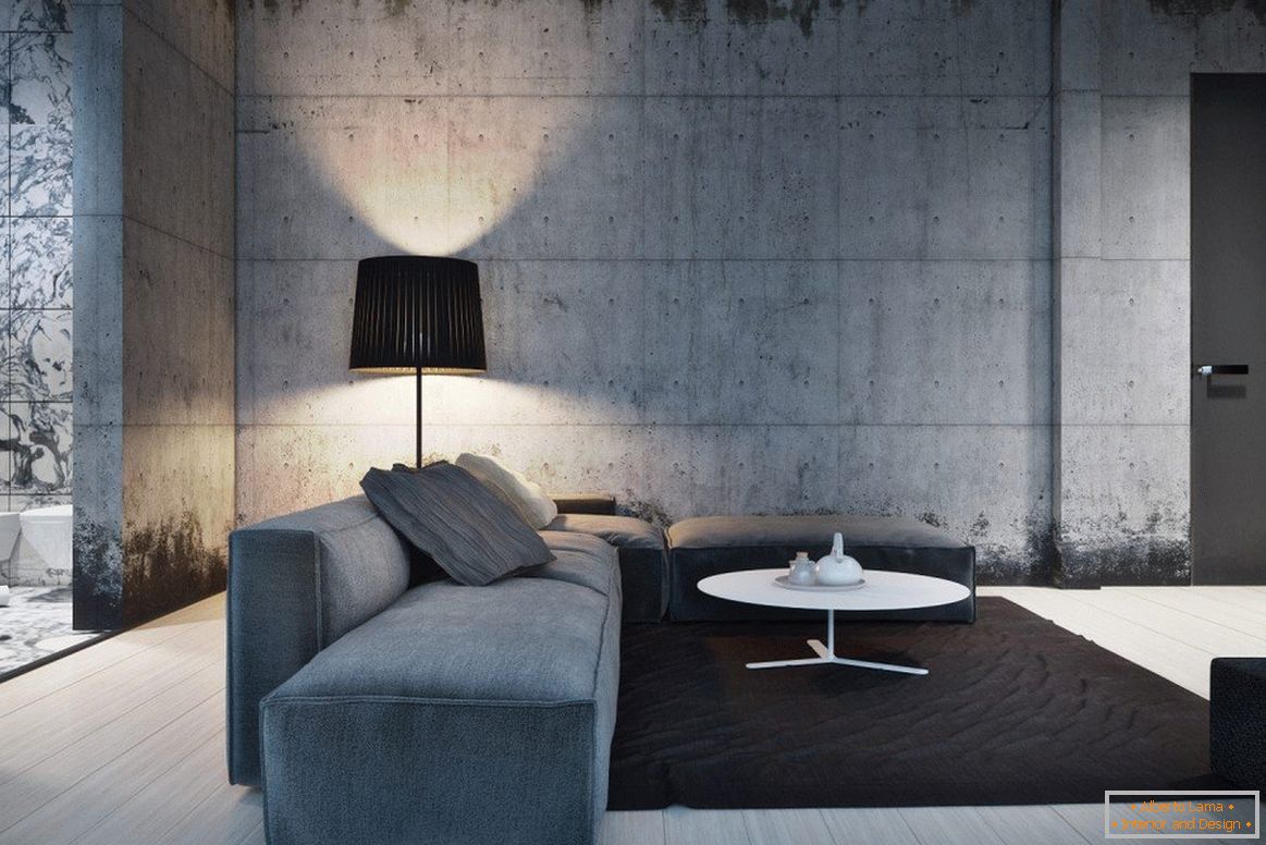 Dnevna soba v minimalističnem stilu s sivim podom