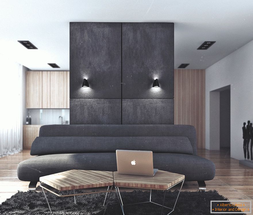 Kombinacija črne in lesa v dnevni sobi v apartmaju za uspešno diplomo v Rusiji