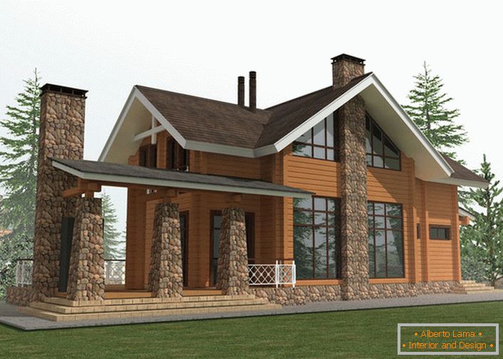 Projekt oblikovanja podeželske hiše v slogu brunarice temelji na uporabi za izdelavo lesenega okvirja in naravnega kamna.