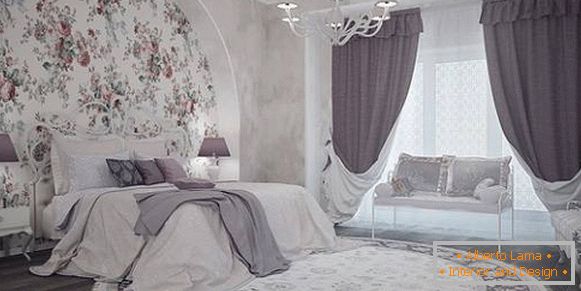 Moderna lila zavese v spalnici - fotografija v notranjosti