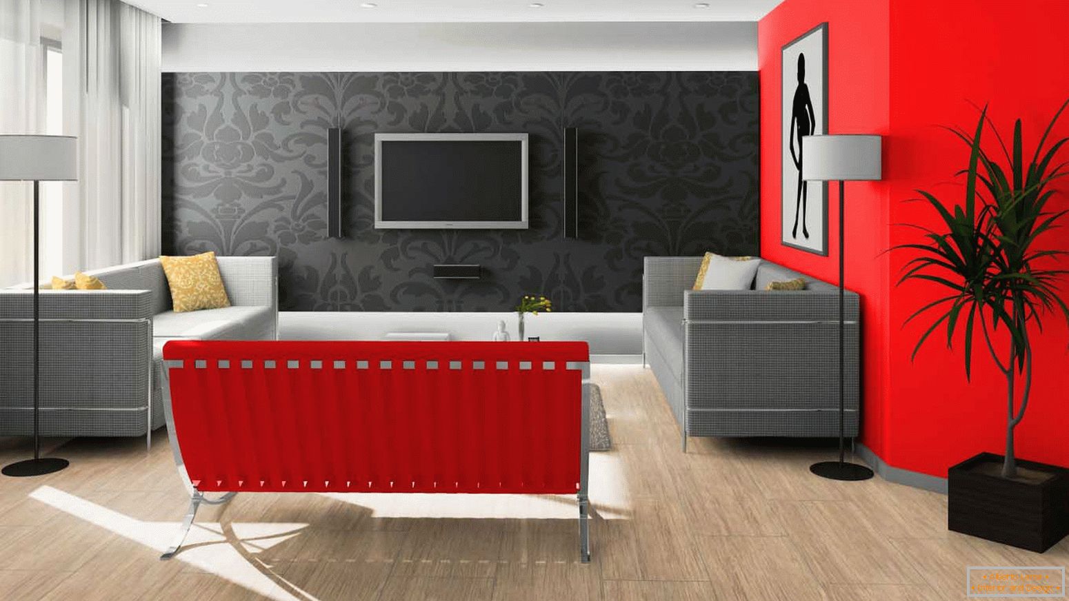 Črna in rdeča v oblikovanju dnevne sobe