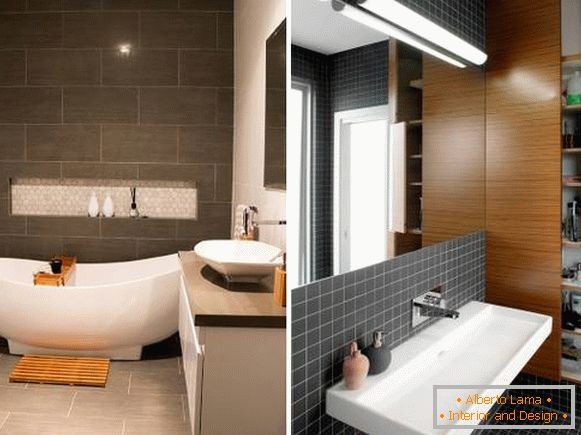 Dizajn kopalnice v temnih barvah z belim vodovodom fotografija 2016