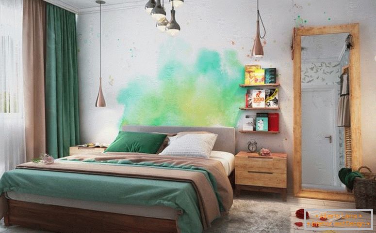 spalnica-zelena-vodne barve-stenske-umetniške-polica za knjige-veliko ogledalo