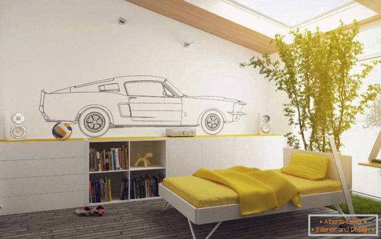 privlačna-rumena in bela-otroška-soba-dekor-z-velikimi-hladnimi-rastlinami-dekoracijo-twin-postelje-in-lesena-cabinetry-knjižni-na-rjavi-trdega-tla-plus- steklo-strešni-kot-kot-urad-design-la