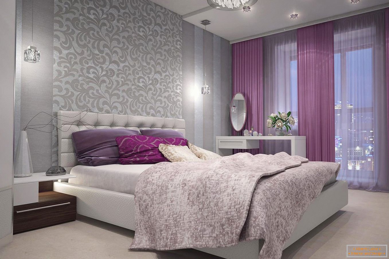 Vijolične zavese v spalnici