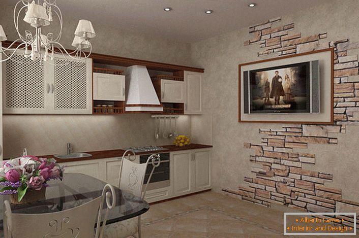 Projekt za oblikovanje majhne kuhinje v slogu države. Svetle barve svetlobe v kontrastu temno rjave talne obloge in viseče police naredijo kuhinjo bolj prostorno. Zanimivo je tudi dekoriranje stene s pomočjo naravnega kamna.