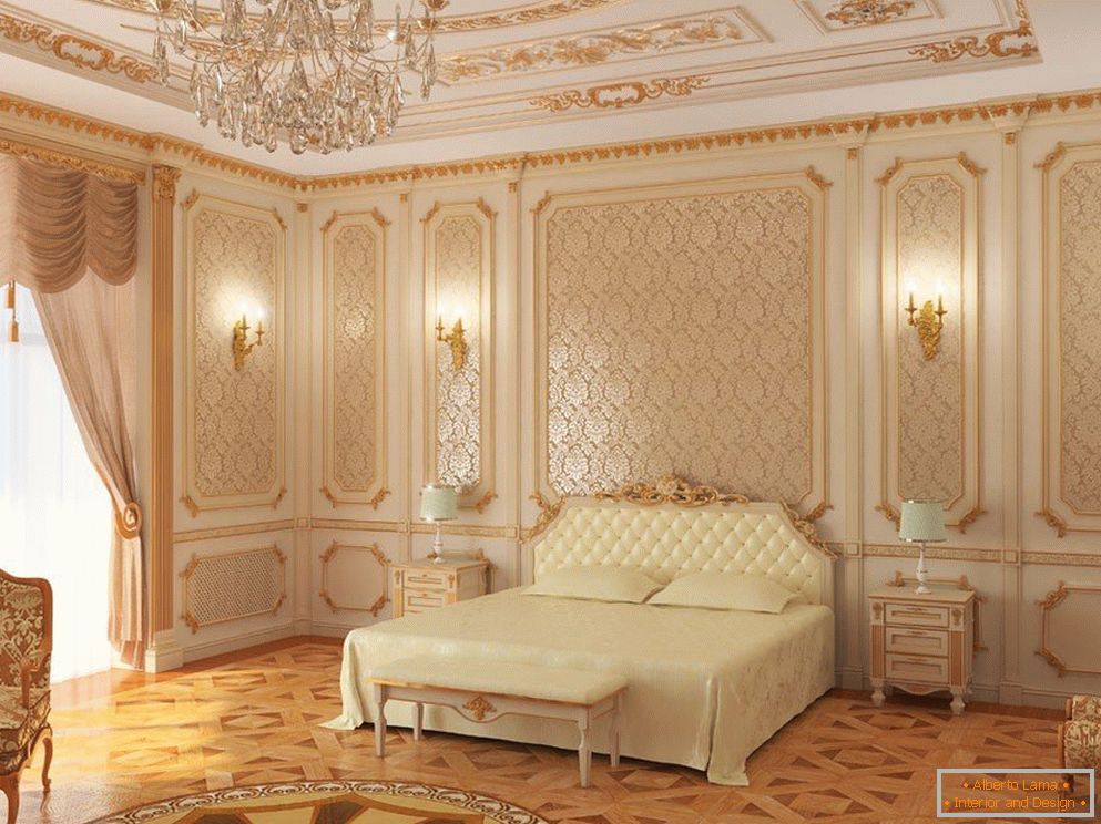 Bela strop in spalne stene z zlatimi vzorci