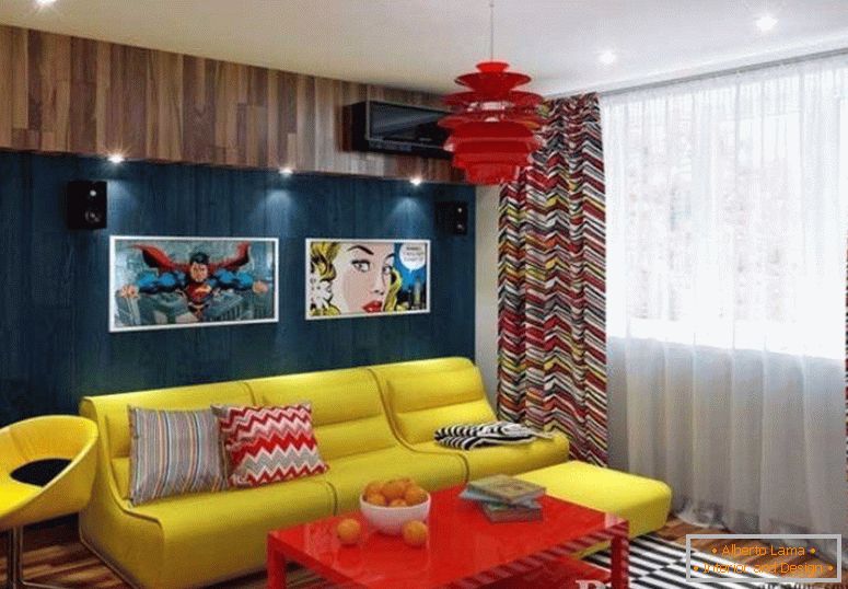 Kombinacija rumenega in rdečega pohištva v sobi