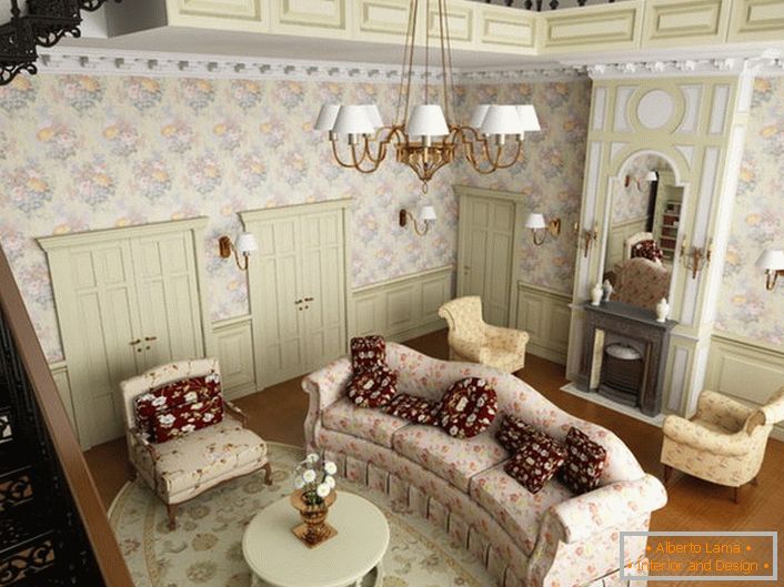 Dnevna soba v stilu države v prvem nadstropju velike hiše v predmestju. V skladu s slogom je mehko pohištvo izbrano iz tkanine s cvetličnim vzorcem.