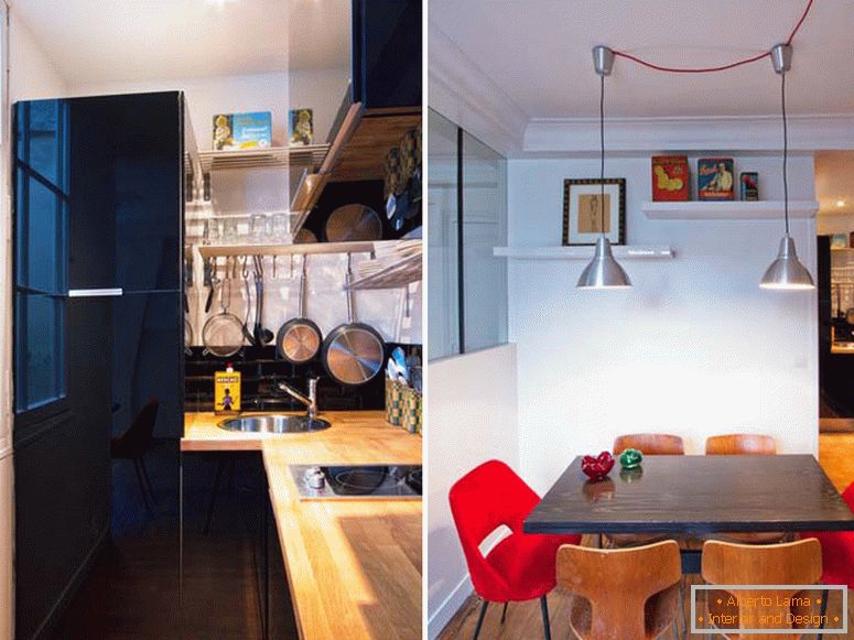 Kuhinja in jedilnica v majhnem apartmaju v Parizu