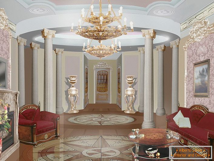 Majestic masivno leseno pohištvo z bujnim oblazinjenjem in majhno mizico za kavo - primerno opremljena soba za goste v baročnem slogu.