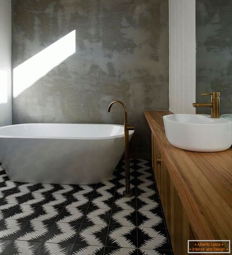 betonske stene-kopalnic-stojala v kontrastu do geometrično-cementnih ploščic