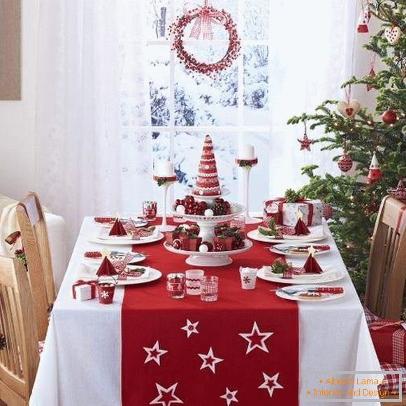 Dekor Novoletna miza s svojimi rokami v rdečih in belih barvah