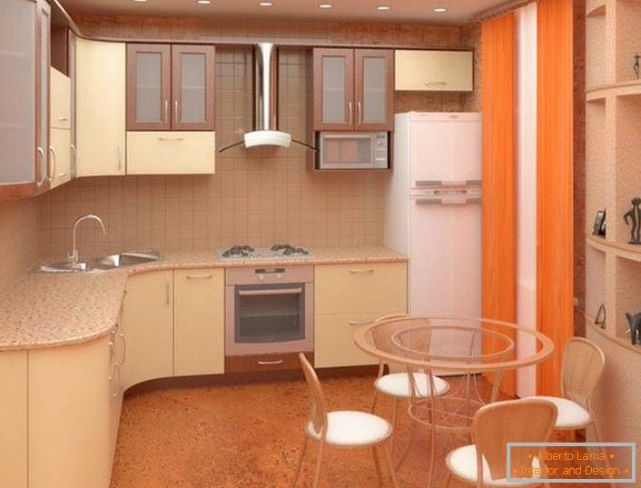 Ergonomično nameščanje pohištva v kuhinji 11 m² M. metrov. Vse je dovolj zmerno, dimenzije slušalk so sorazmerne z velikostjo prostora.