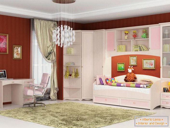 Elegantna soba za mlado modo. Modularno pohištvo za otroke je roza in bela barva - kar potrebujete za dekle.