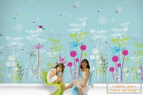 Otroški zidni papir za dekleta - fotografija v modri barvi