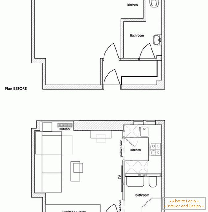 Načrt malega stanovanja pred in po popravilu