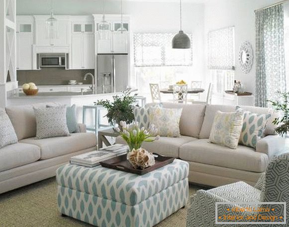 Bela modra notranjost dnevne sobe in kuhinja v zasebni hiši